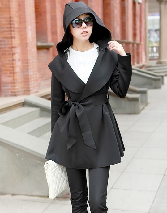 Big Lapel Long Hooded Thin Coat With Belt Apricot And Black on Luulla